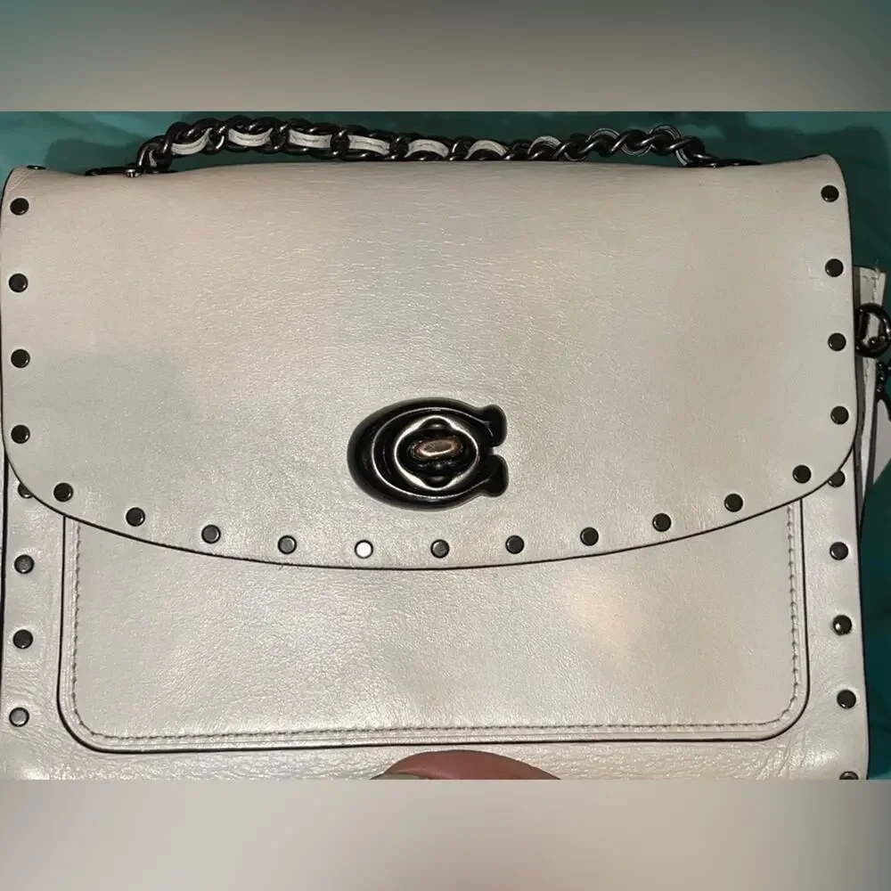 Coach Parker 18 Rivets Bone Blush Gunmetal Chain EUC Crossbody Mini Bag
